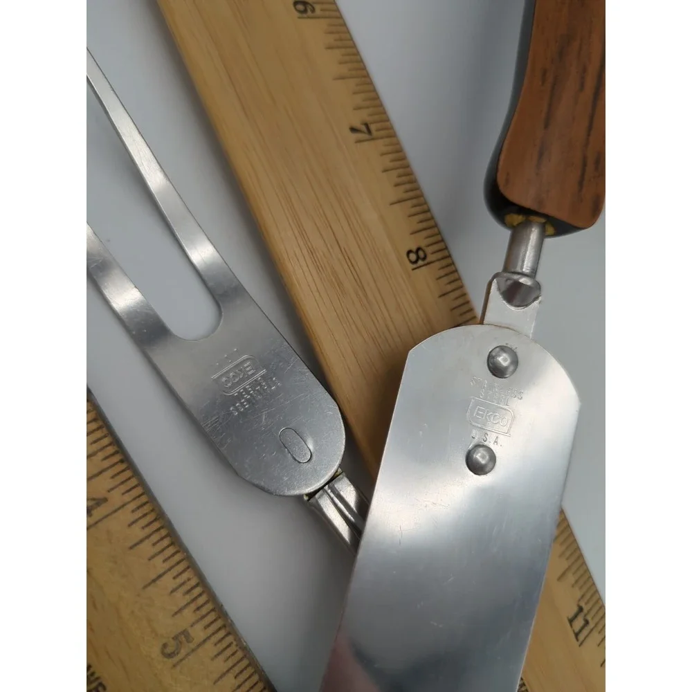 Vtg EKCO Stainless Cooking Utensils Woodgrain Faux Wood‎ Set of 3 Retro USA